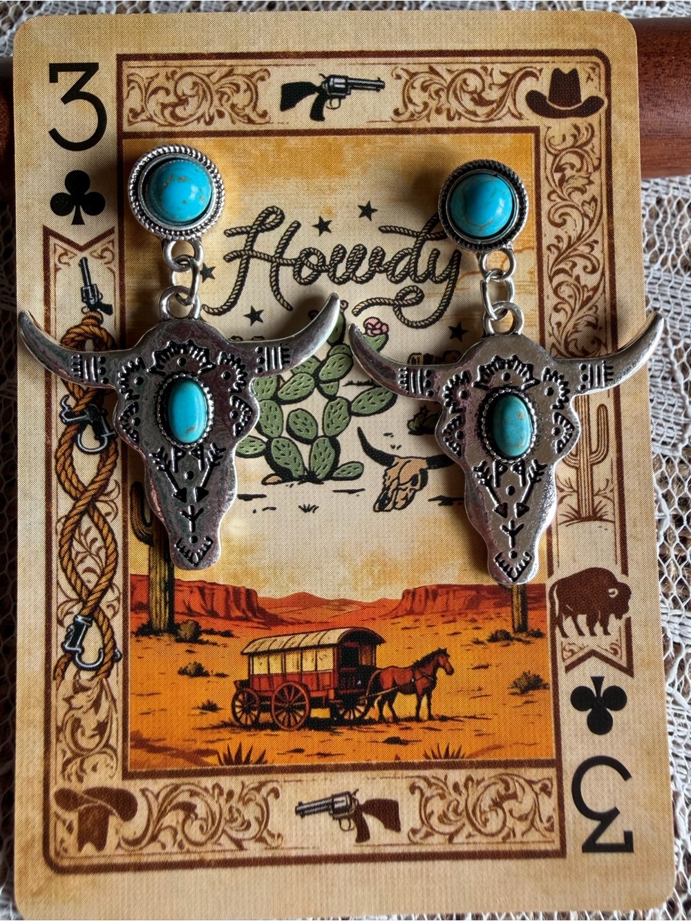 Western Faux Turquoise Longhorn Skull Dangle Earrings Silver Tone NEW on Card